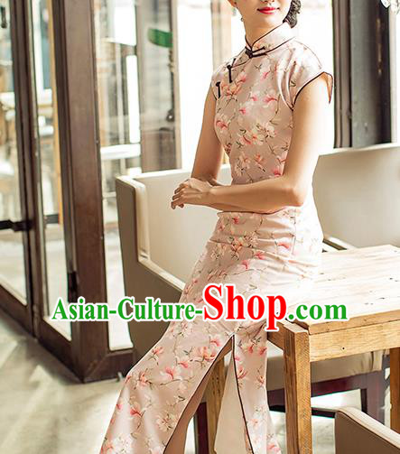 Republic of China Printing Beige Cheongsam Costume Traditional Minguo Shanghai Woman Qipao Dress