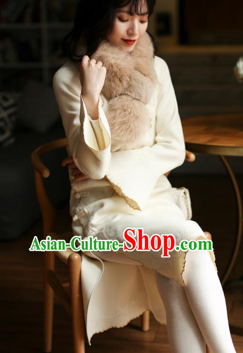 China Embroidered Beige Woolen Cheongsam Costume Traditional New Year Qipao Dress
