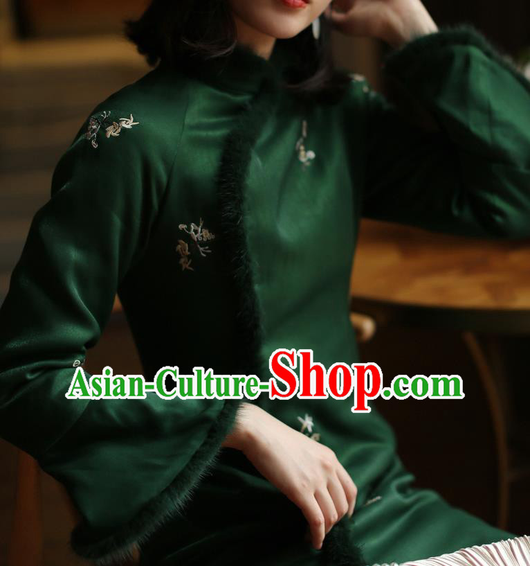 China Winter Cotton Wadded Cheongsam Costume Traditional Shanghai Green Silk Qipao Dress
