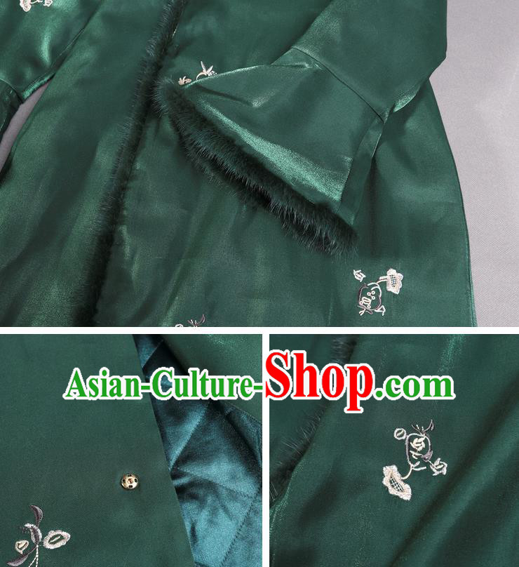China Winter Cotton Wadded Cheongsam Costume Traditional Shanghai Green Silk Qipao Dress