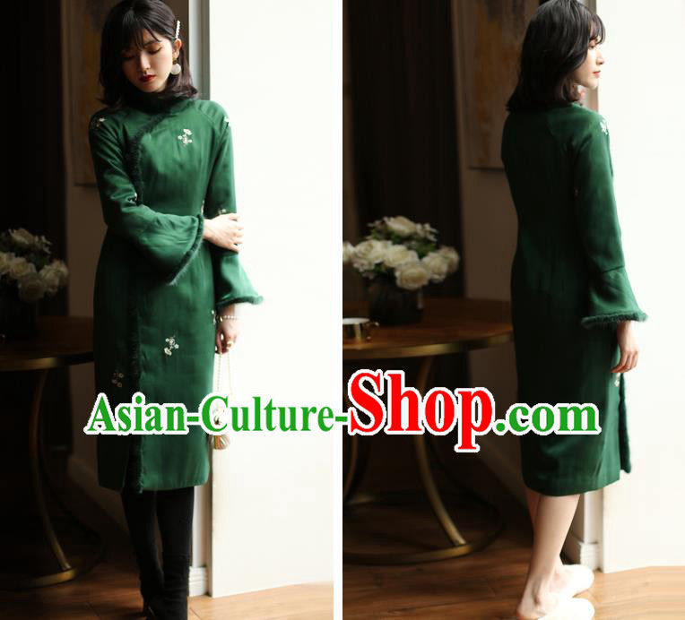 China Winter Cotton Wadded Cheongsam Costume Traditional Shanghai Green Silk Qipao Dress