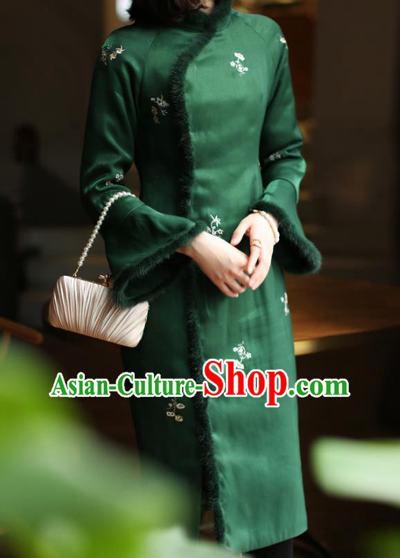 China Winter Cotton Wadded Cheongsam Costume Traditional Shanghai Green Silk Qipao Dress