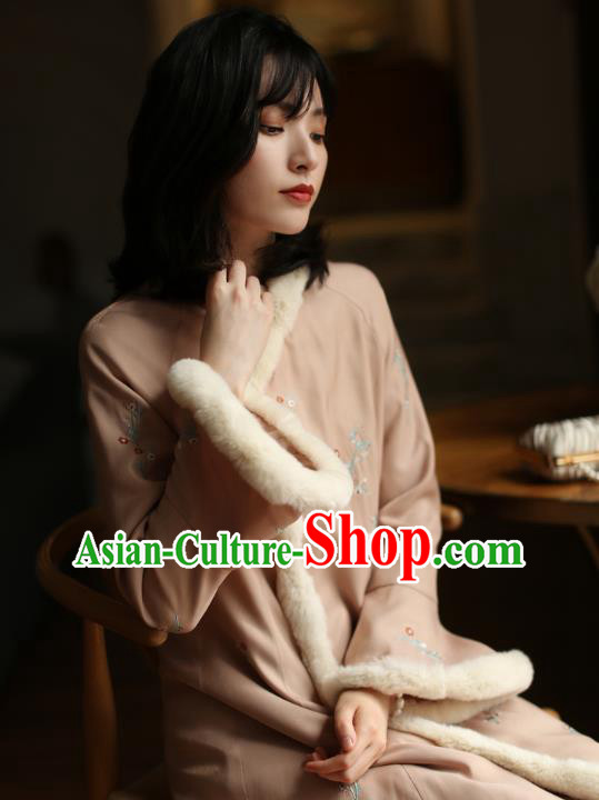 China Winter Embroidered Cotton Wadded Cheongsam Costume Traditional Shanghai Pink Qipao Dress