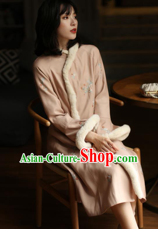 China Winter Embroidered Cotton Wadded Cheongsam Costume Traditional Shanghai Pink Qipao Dress
