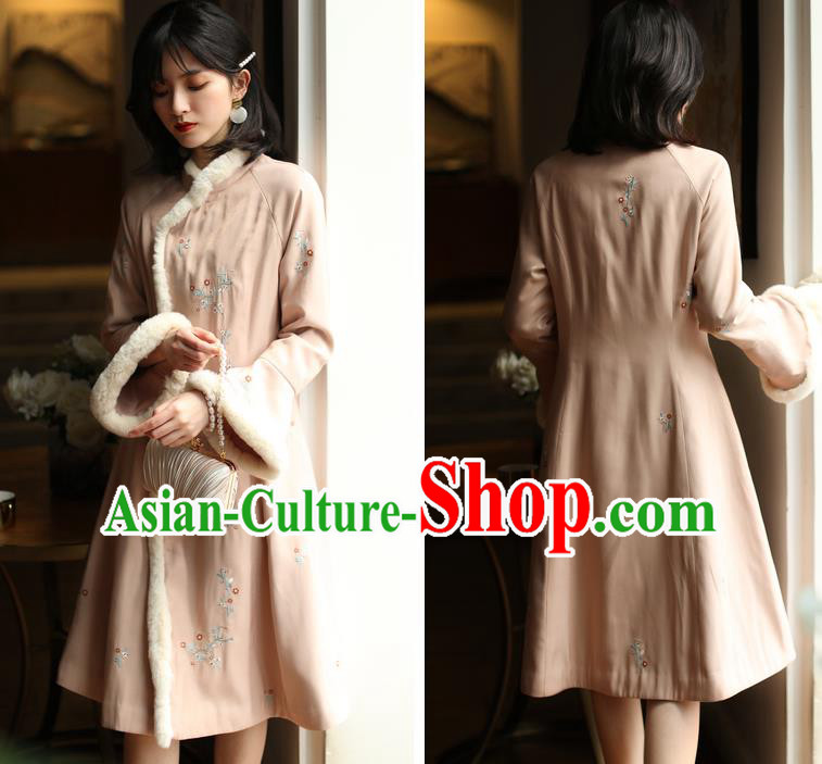 China Winter Embroidered Cotton Wadded Cheongsam Costume Traditional Shanghai Pink Qipao Dress