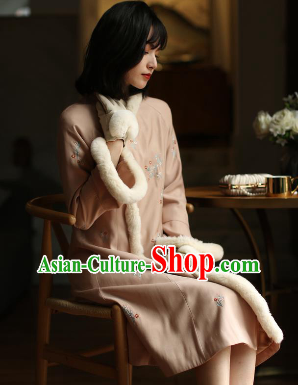 China Winter Embroidered Cotton Wadded Cheongsam Costume Traditional Shanghai Pink Qipao Dress