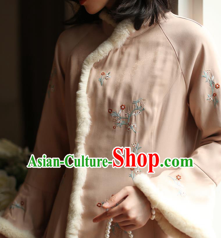 China Winter Embroidered Cotton Wadded Cheongsam Costume Traditional Shanghai Pink Qipao Dress