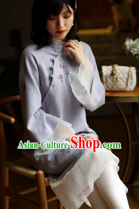 China Winter Embroidered Cheongsam Costume Traditional Young Woman Chiffon Qipao Dress