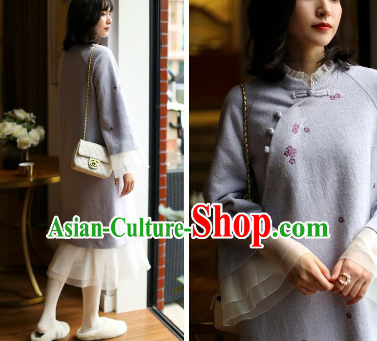 China Winter Embroidered Cheongsam Costume Traditional Young Woman Chiffon Qipao Dress