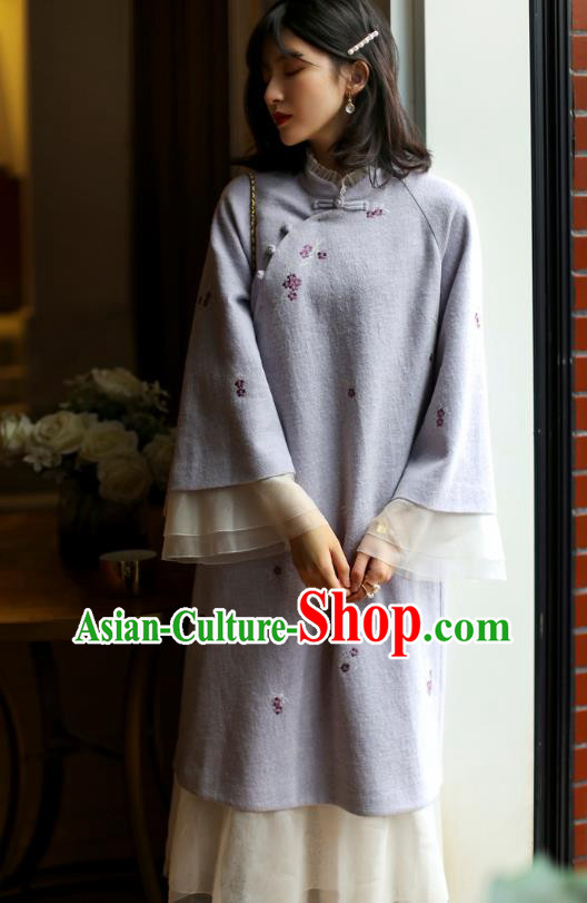 China Winter Embroidered Cheongsam Costume Traditional Young Woman Chiffon Qipao Dress