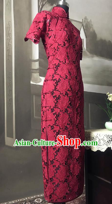 Republic of China Red Peony Lace Cheongsam Costume Traditional Minguo Shanghai Mother Qipao Dress