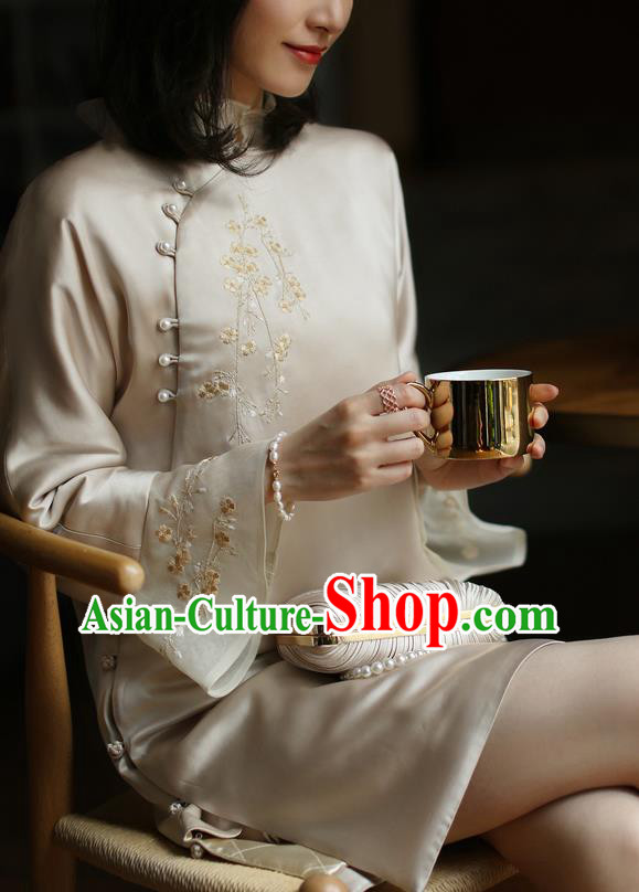 China Winter Cheongsam Costume Traditional Young Woman Embroidered Beige Organdy Qipao Dress