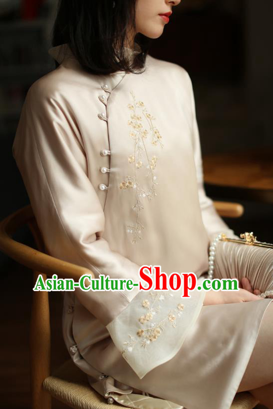 China Winter Cheongsam Costume Traditional Young Woman Embroidered Beige Organdy Qipao Dress