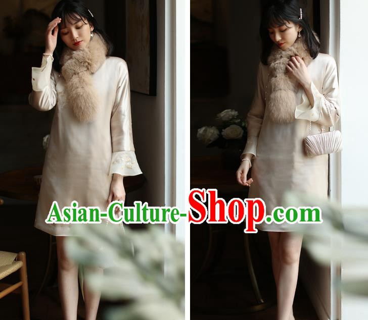 China Winter Cheongsam Costume Traditional Young Woman Embroidered Beige Organdy Qipao Dress