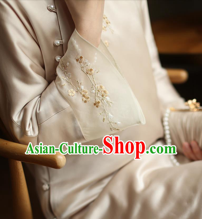 China Winter Cheongsam Costume Traditional Young Woman Embroidered Beige Organdy Qipao Dress