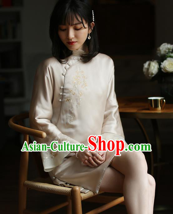 China Winter Cheongsam Costume Traditional Young Woman Embroidered Beige Organdy Qipao Dress