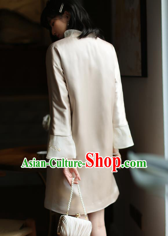 China Winter Cheongsam Costume Traditional Young Woman Embroidered Beige Organdy Qipao Dress