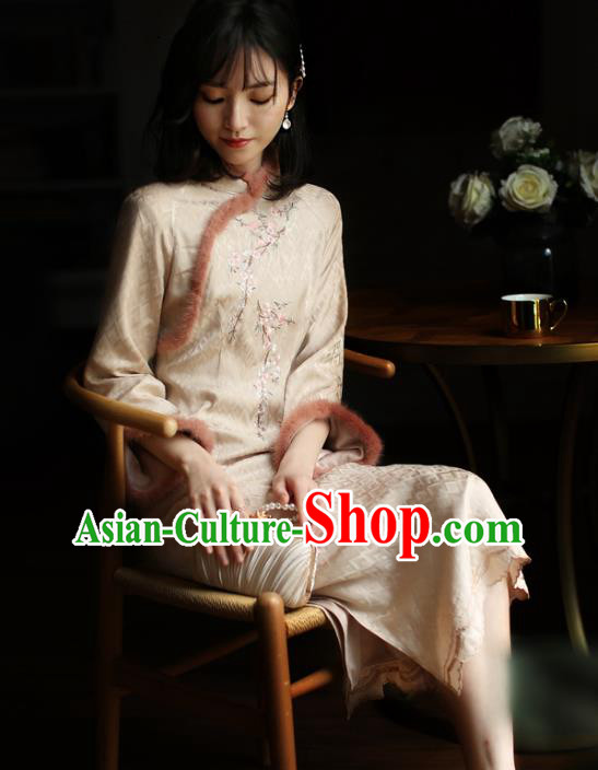 China Winter Wide Sleeve Cheongsam Costume Traditional Young Woman Embroidered Beige Silk Qipao Dress