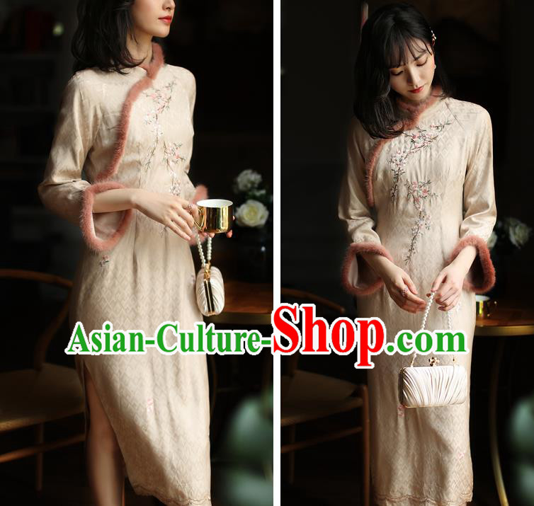 China Winter Wide Sleeve Cheongsam Costume Traditional Young Woman Embroidered Beige Silk Qipao Dress