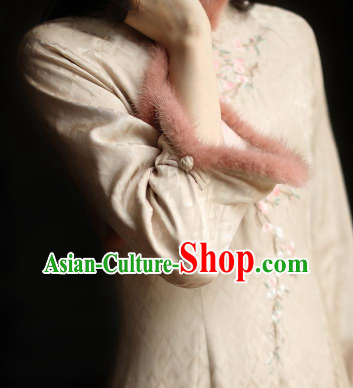 China Winter Wide Sleeve Cheongsam Costume Traditional Young Woman Embroidered Beige Silk Qipao Dress