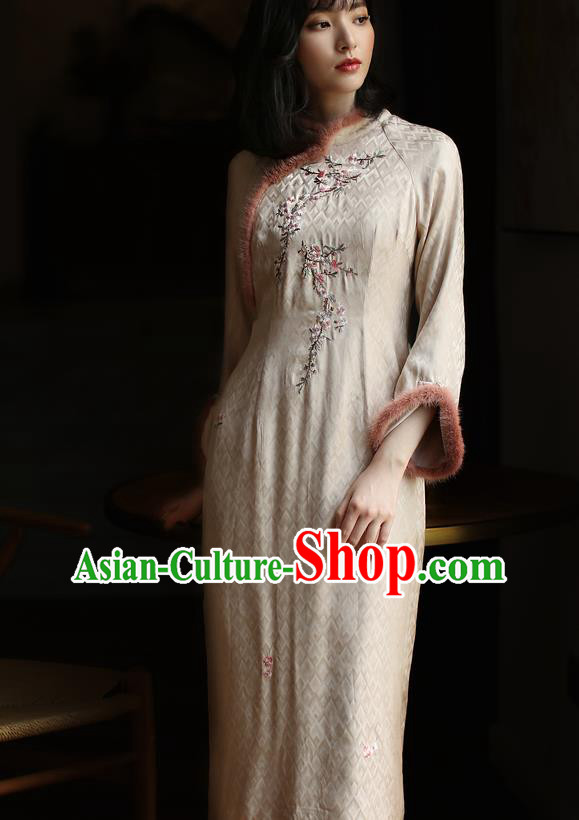 China Winter Wide Sleeve Cheongsam Costume Traditional Young Woman Embroidered Beige Silk Qipao Dress