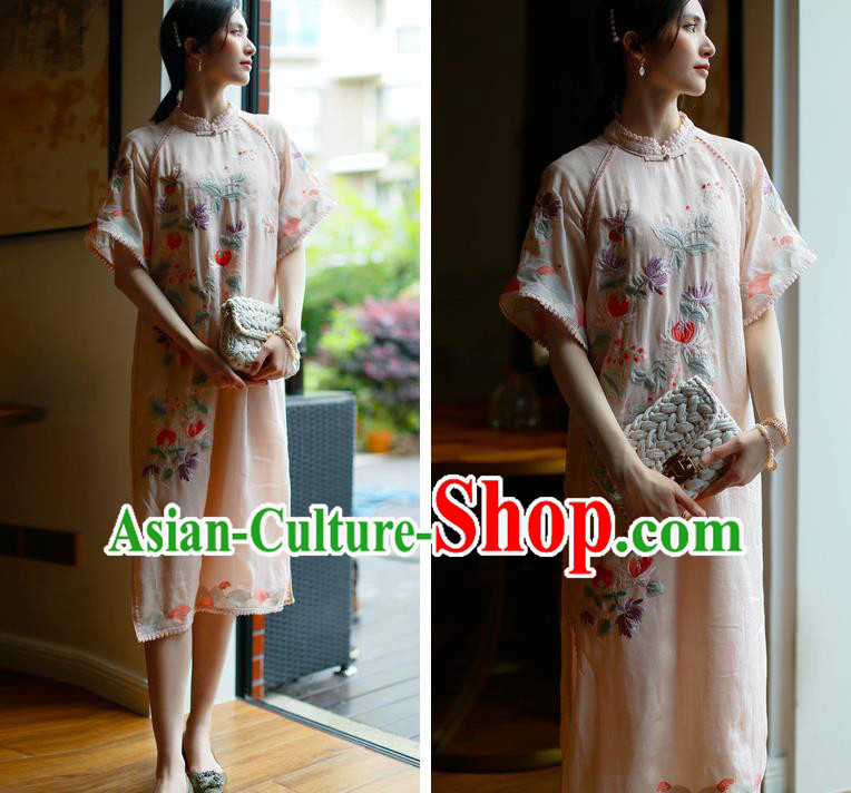 China Classical Pink Ramine Cheongsam Costume Traditional Young Woman Embroidered Chrysanthemum Qipao Dress