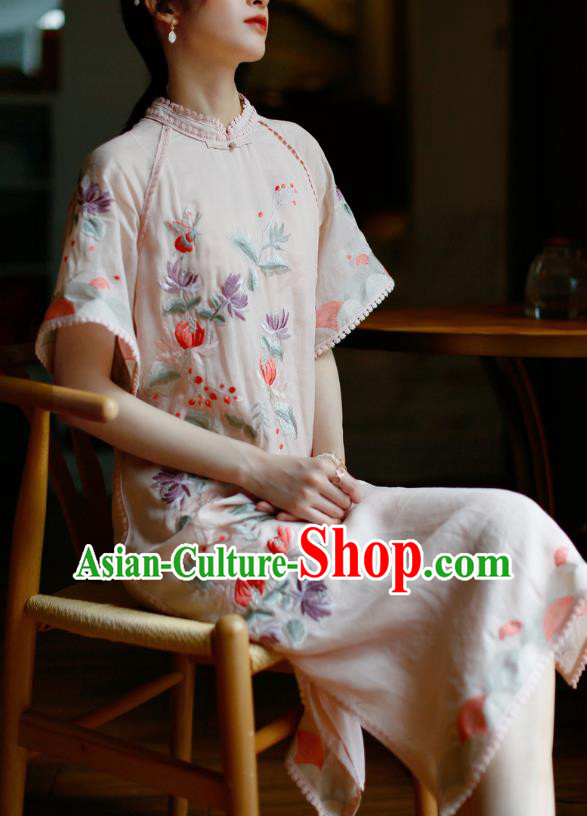 China Classical Pink Ramine Cheongsam Costume Traditional Young Woman Embroidered Chrysanthemum Qipao Dress