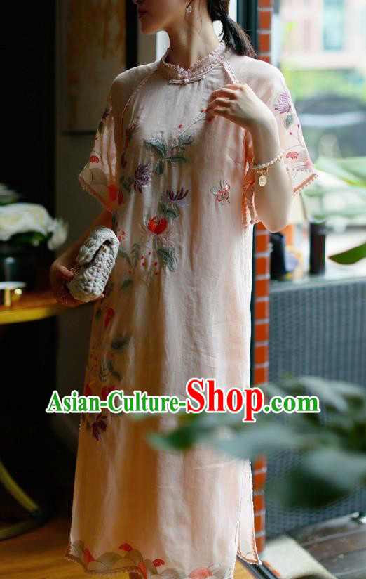 China Classical Pink Ramine Cheongsam Costume Traditional Young Woman Embroidered Chrysanthemum Qipao Dress