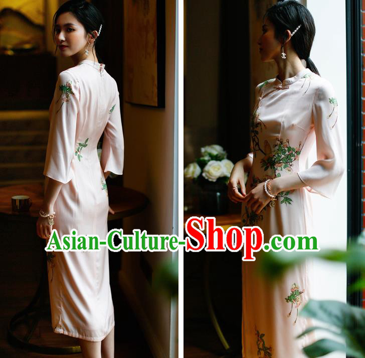 China Modern Dance Cheongsam Costume Traditional Young Woman Printing Pink Silk Qipao Dress