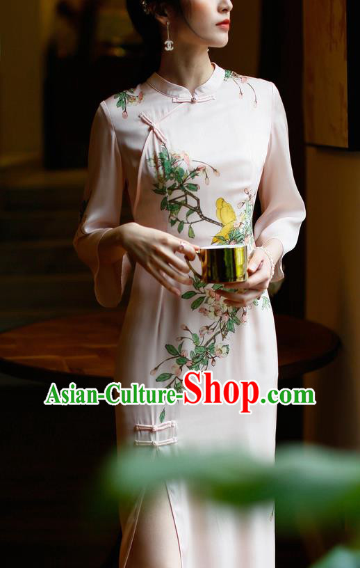 China Modern Dance Cheongsam Costume Traditional Young Woman Printing Pink Silk Qipao Dress