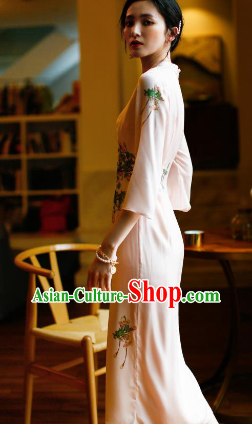 China Modern Dance Cheongsam Costume Traditional Young Woman Printing Pink Silk Qipao Dress
