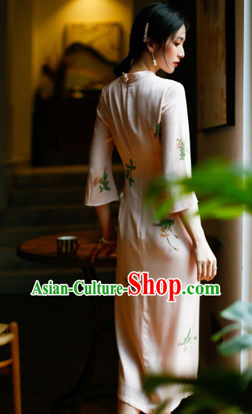 China Modern Dance Cheongsam Costume Traditional Young Woman Printing Pink Silk Qipao Dress