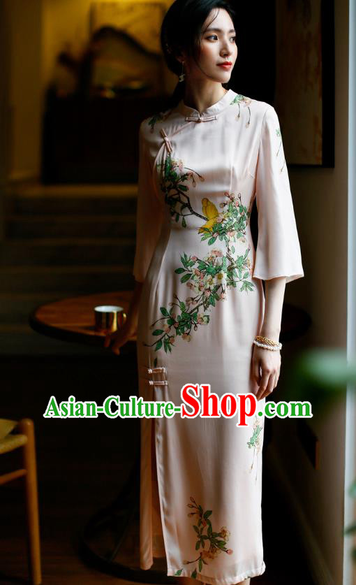 China Modern Dance Cheongsam Costume Traditional Young Woman Printing Pink Silk Qipao Dress