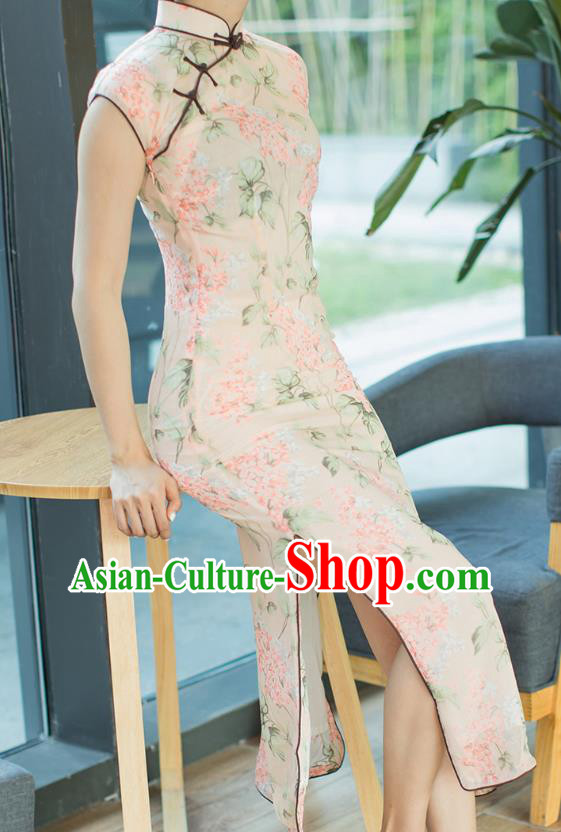 Republic of China Classical Dance Cheongsam Costume Traditional Minguo Printing Chiffon Qipao Dress