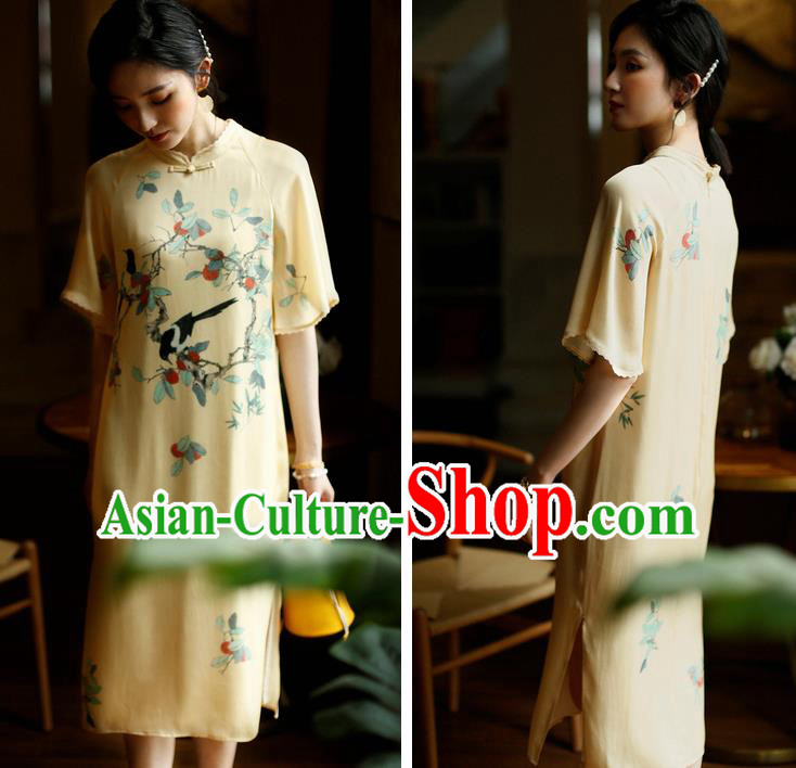 China Young Woman Modern Dance Cheongsam Costume Traditional Printing Yellow Silk Qipao Dress