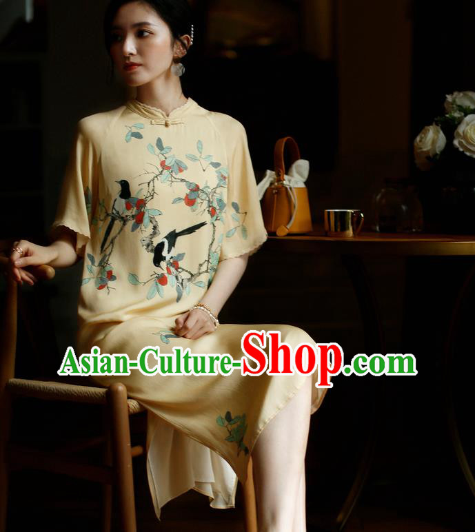 China Young Woman Modern Dance Cheongsam Costume Traditional Printing Yellow Silk Qipao Dress