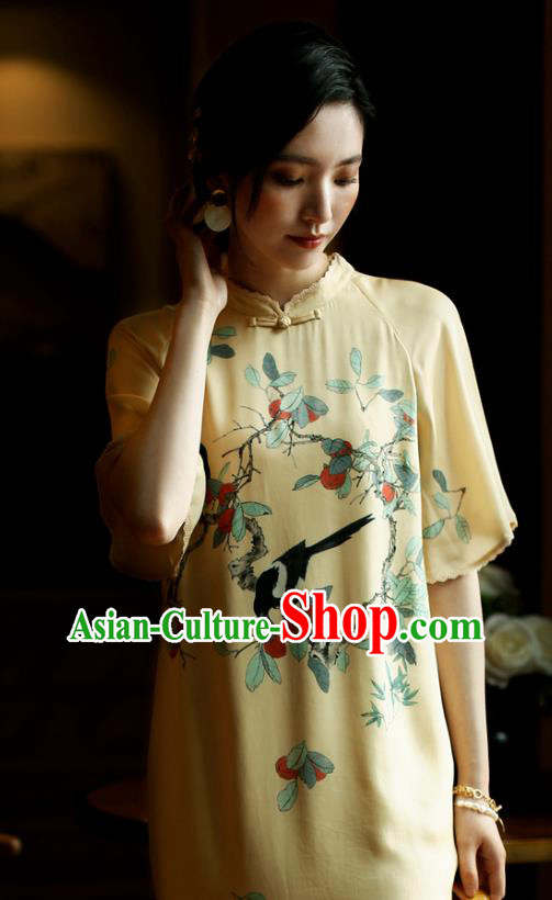 China Young Woman Modern Dance Cheongsam Costume Traditional Printing Yellow Silk Qipao Dress