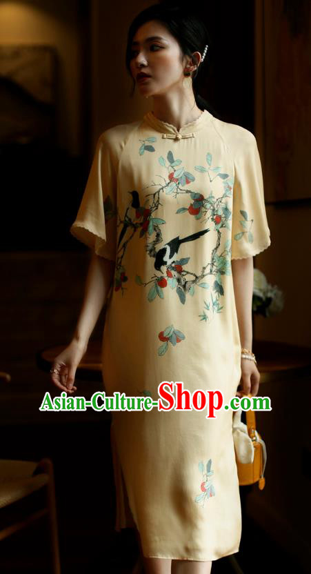 China Young Woman Modern Dance Cheongsam Costume Traditional Printing Yellow Silk Qipao Dress