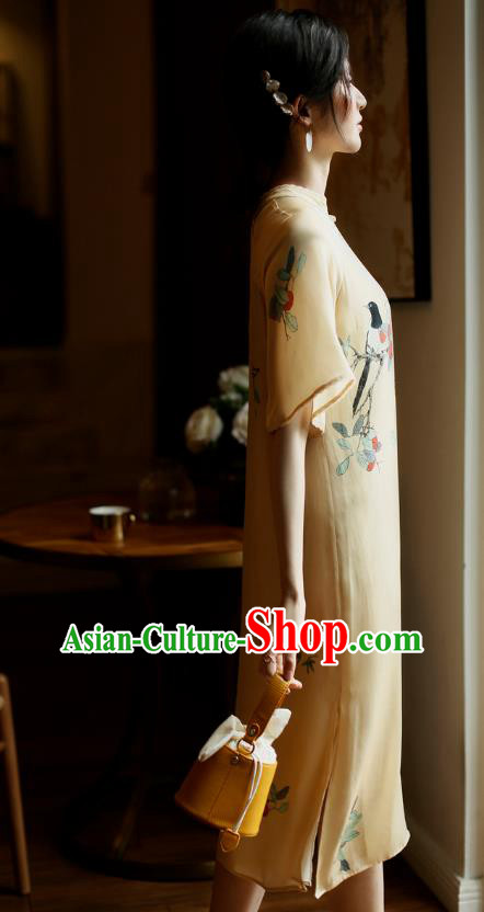 China Young Woman Modern Dance Cheongsam Costume Traditional Printing Yellow Silk Qipao Dress