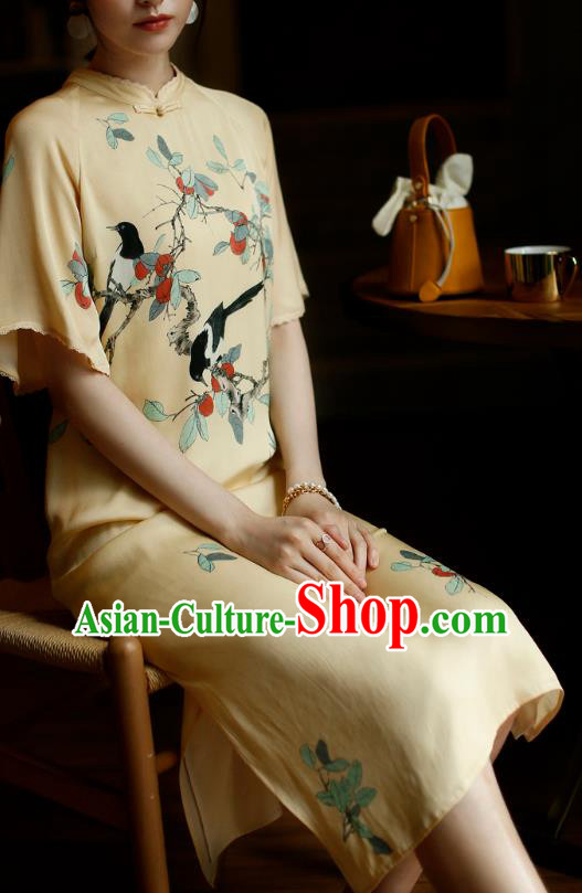China Young Woman Modern Dance Cheongsam Costume Traditional Printing Yellow Silk Qipao Dress