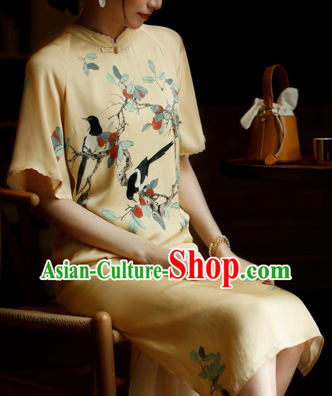 China Young Woman Modern Dance Cheongsam Costume Traditional Printing Yellow Silk Qipao Dress