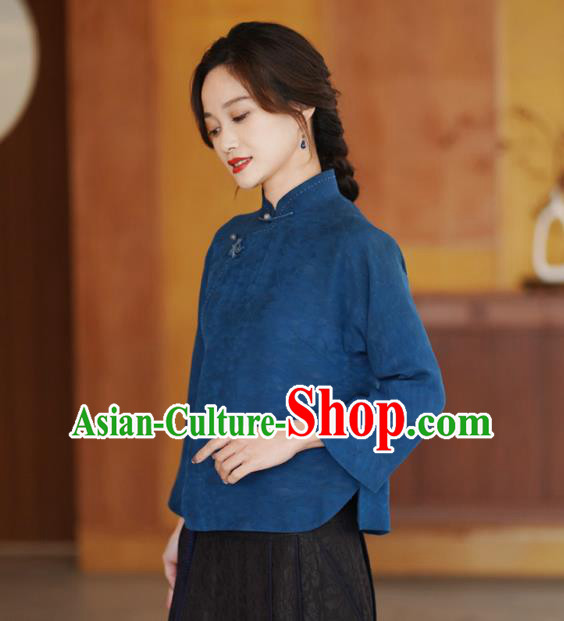 China National Blue Silk Shirt Traditional Jacquard Watered Gauze Blouse Top Garment