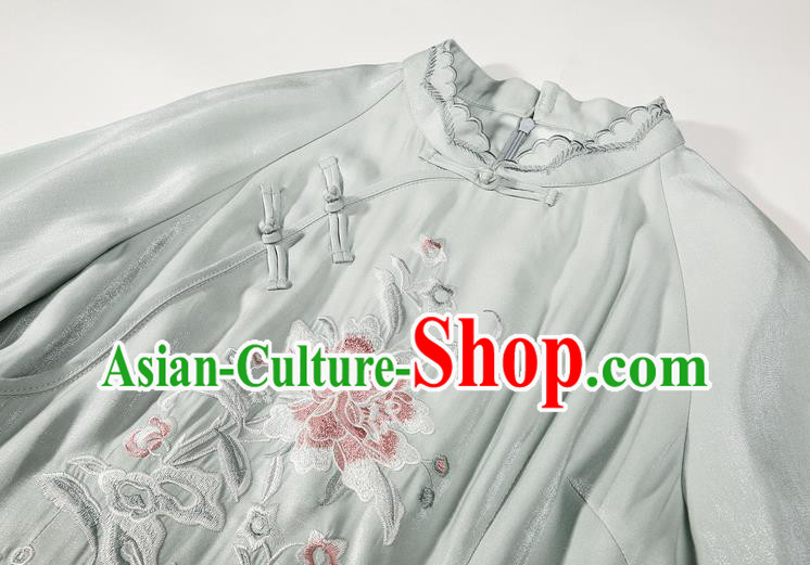 China Classical Cheongsam Costume Traditional Embroidered Light Green Qipao Dress