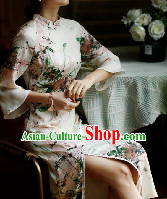 China Classical Printing Silk Cheongsam Costume Traditional Young Lady Qipao Dress