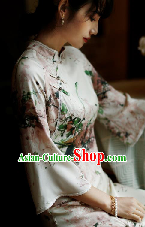 China Classical Printing Silk Cheongsam Costume Traditional Young Lady Qipao Dress