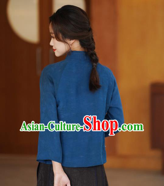 China National Blue Silk Shirt Traditional Jacquard Watered Gauze Blouse Top Garment