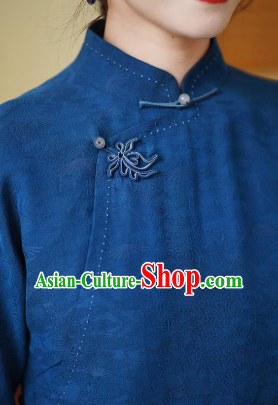 China National Blue Silk Shirt Traditional Jacquard Watered Gauze Blouse Top Garment