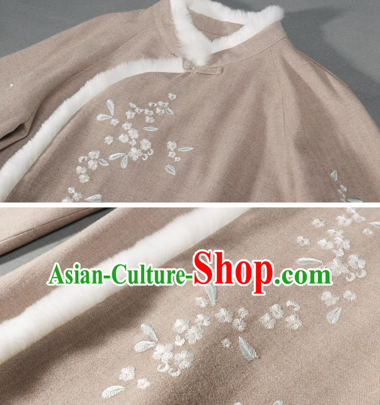 China Winter Cheongsam Costume Traditional Young Lady Light Grey Woolen Qipao Dress