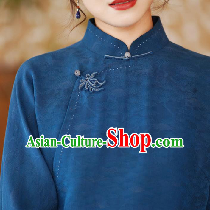 China National Blue Silk Shirt Traditional Jacquard Watered Gauze Blouse Top Garment