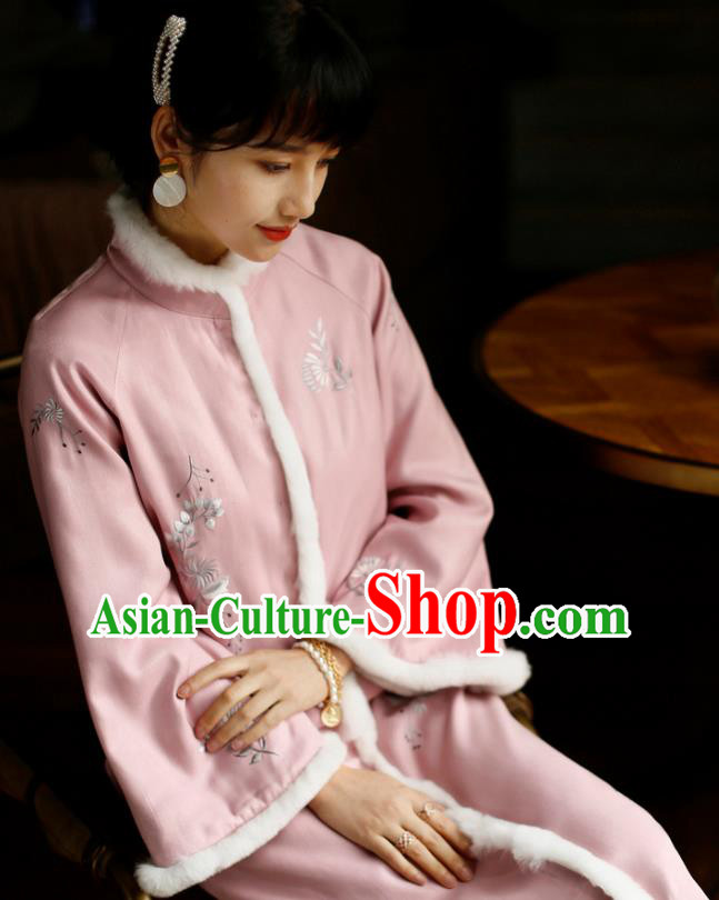 China Winter Pink Cheongsam Costume Traditional Young Lady Embroidered Cotton Wadded Qipao Dress